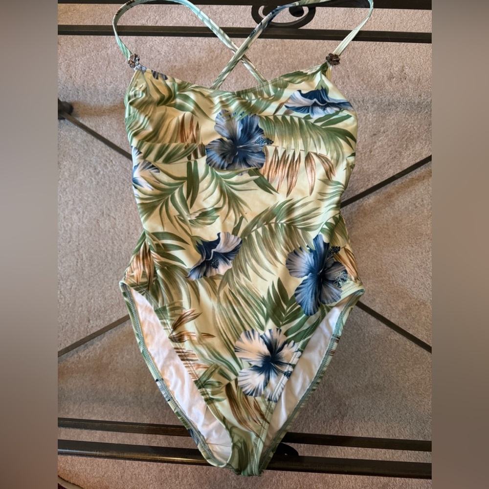 Tommy Bahama Green Floral One-Piece Swimsuit with Blue Hibiscus